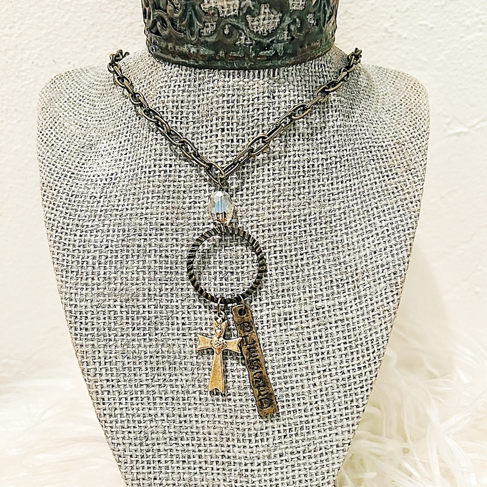 Vintage Gypsy Cross Blessed Bar Pendant Necklace 20 inches long